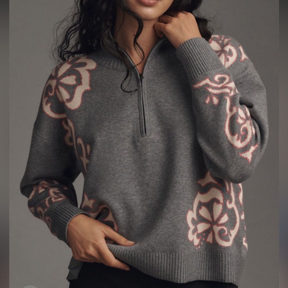NWOT Maeve Anthropologie The Montana Mock-Neck Half-Zip Sweater- Grey